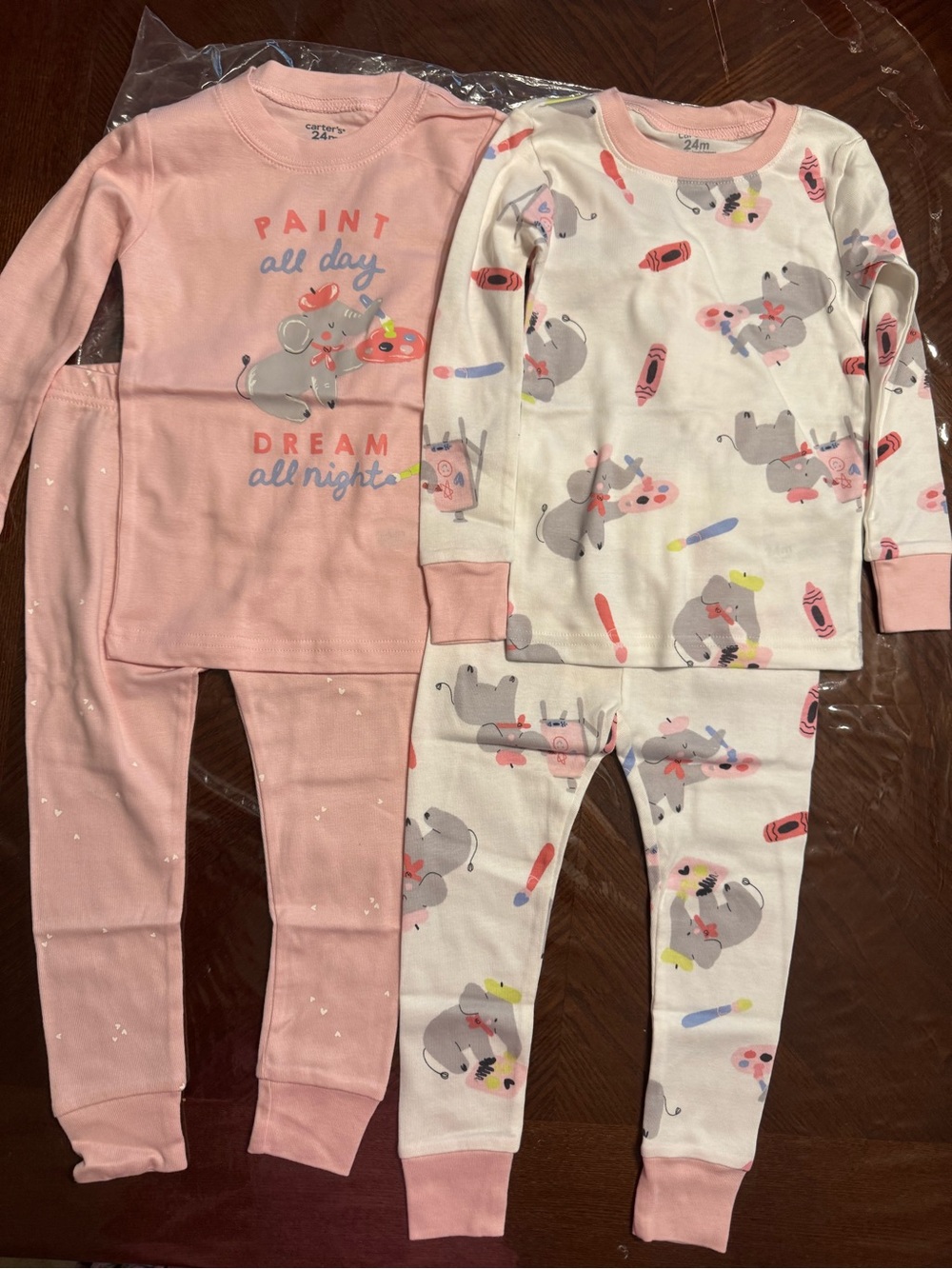 Carter's 24 months Pink & Cream Elephant Paint 4-Piece Pajama Set of 2